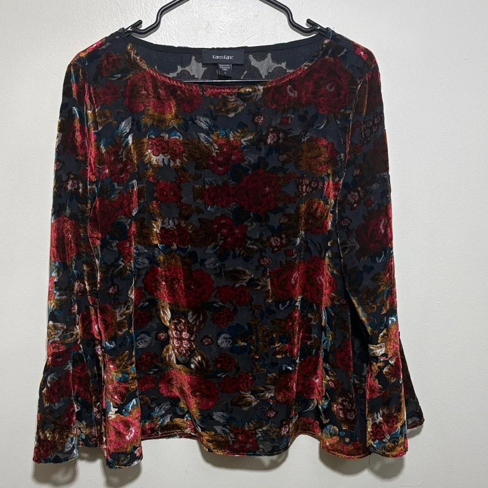 Karen Kane Red Multi Velvet Floral Bell-Sleeve Blouse